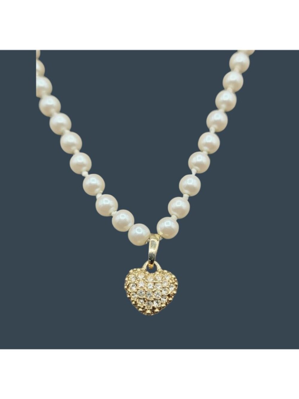 Faux Pearl Rhinestone Heart Pendant Necklace 17" Opalescent Hand Knotted Beads - Picture 7 of 10
